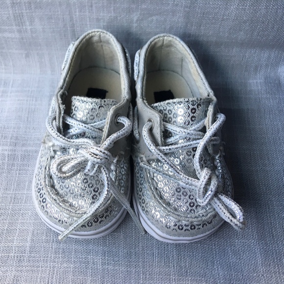SPERRY TOP-SIDER BAHAMA CRIB SILVER SEQUIN BOAT SHOE BABY GIRLS SIZE 1 - Picture 3 of 12
